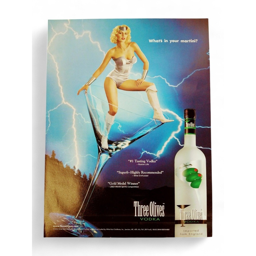 2004 Three Olives Vodka Print Ad Sexy Blonde Sci-Fi Bikini in Martini Glass